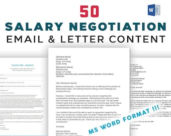 May include: A digital download of 50 email and letter templates for salary negotiation. The templates are formatted in Microsoft Word and are ready to be edited with your details. The image includes a sample letter with a counter-offer.