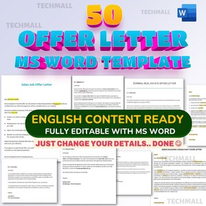 Paquete de plantilla de Microsoft Word de 50 cartas de oferta: contenido en inglés listo para usar
