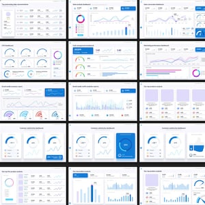 May include: A collection of dashboards with various charts and graphs displaying data related to sales, marketing, customer satisfaction, and social media. The dashboards are designed in a modern style with blue, pink, and white color schemes.