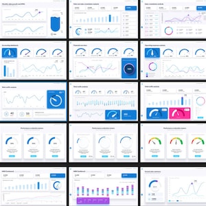 May include: A dashboard with various charts and graphs displaying data related to sales, web traffic, and financial performance. The charts use blue, pink, and green colors to represent different data points. The dashboard includes a variety of chart types, including line graphs, bar charts, and pie charts.