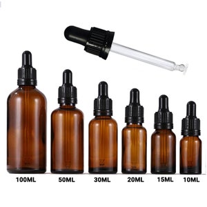 10ml, 30ml, 50ml & 100ml Amber Glass Dropper Bottle for eye dropper, Oil, Cosmetics, Aromatherapy with Temper Evident Glass Pipette