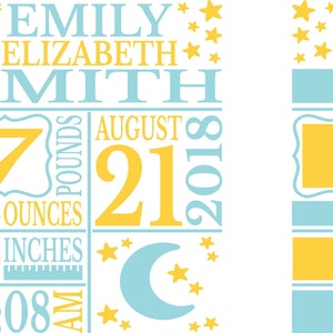 Moon and Stars Baby Birth Announcement SVG DXF EPS Template, Birth Stats svg, baby svg newborn svg welcome baby Metric cricut cutfiles