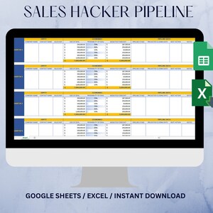 May include: A computer screen displaying a spreadsheet template for a sales pipeline. The spreadsheet is titled "Sales Hacker Pipeline" and includes columns for company name, contact name, sales rep, size of deal, probability of deal, weighted forecast, pipeline stage, projected closing date, next action, and notes. The spreadsheet is designed to help businesses track their sales progress and manage their sales pipeline.