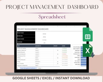 Project Management Dashboard Template, Excel Dashboard, Task Tracker, Project Tracker, Project Planner, Risk Management, To-Do Google Sheets