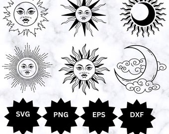 Moon and Sun SVG Bundle, Celestial SVG Designs, Magic Moon, Mystical PNG Cricut Files, Instant Digital Download Boho moon phase svg Sun Face