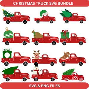 Op de afbeelding: Een set van 10 rode pick-up trucks met verschillende kerstthema-items in de laadbak, waaronder een kerstboom, een sneeuwpop, een peperkoekman, een cadeau, een sok en een kerstmanmuts. De trucks hebben allemaal hetzelfde ontwerp, met een rode carrosserie, witte wielen en een zwarte grille. De items in de laadbak zijn allemaal in verschillende kleuren en ontwerpen. De afbeelding is op een witte achtergrond. SVG- en PNG-bestanden.