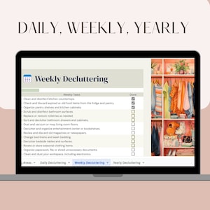 May include: A computer screen showing a weekly decluttering checklist with tasks such as cleaning countertops, organising pantry shelves, and decluttering bathroom drawers. The checklist has tick boxes next to each task, and some are ticked.
