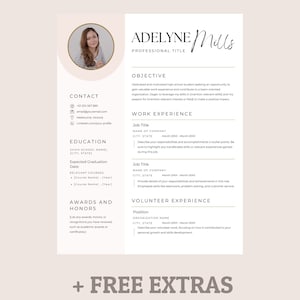 May include: A resume template with a pink background and a photo of a woman in the top left corner. The resume includes sections for contact information, education, work experience, volunteer experience, awards and honors, and an objective statement. The text "ADELYNE Mills" is at the top of the page in a large font. The text "+ FREE EXTRAS" is at the bottom of the page.