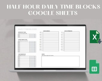 Efficient Daily Half Hourly Time Management Planner, Excel Spreadsheet, Organization, To Do List, Time Blocking Plan, Time Tracker Printable