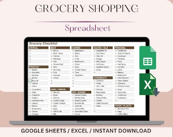 Grocery Shopping Spreadsheet for Google Sheets Excel Digital Download Printable Food List Meal Prep Grocery checklist google spreadsheet