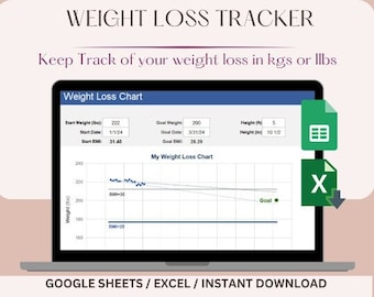 Hoja de cálculo de seguimiento de pérdida de peso para hojas de Google, planificador de pérdida de peso, gráfico de pesaje semanal diario, diario de peso, descarga digital de Excel