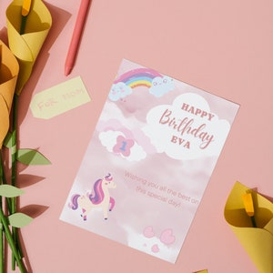 Cartão de aniversário pastel aquarela para meninas, imprimível, editável, cartão de aniversário arco-íris, cartão de felicitações de aniversário de unicórnio, cartão de aniversário para meninas