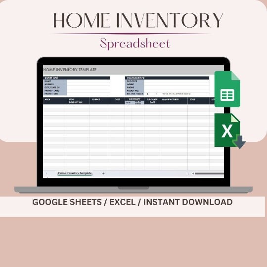 Home Inventory Tracker Spreadsheet For Google Sheets, Excel Digital Download, Inventory Spreadsheet Template, Home List, Valuables Inventory