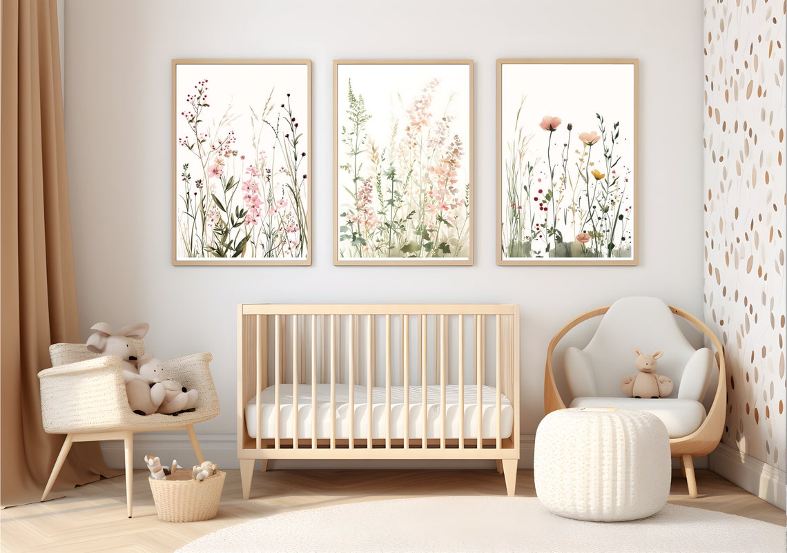 Wildflower Boho Nursery Printable Wall Art, Nursery Prints Set of 3 ...