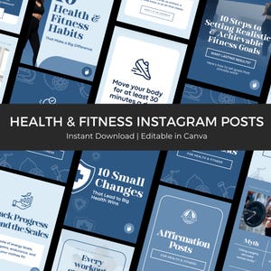 Könnte beinhalten: Eine Collage aus neun blauen und weißen Instagram-Post-Vorlagen für Gesundheit und Fitness. Die Vorlagen enthalten Text wie "Gesundheits- und Fitnessgewohnheiten", "10 kleine Veränderungen", "Affirmationsbeiträge" und "10 Schritte, um realistische und erreichbare Fitnessziele zu setzen".