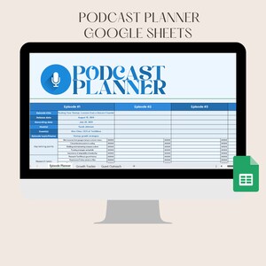 May include: A computer screen displaying a Google Sheets spreadsheet titled "Podcast Planner". The spreadsheet is divided into columns for episode title, release date, recording date, guests, key talking points, and research tasks. The spreadsheet is designed to help podcasters plan and organize their episodes.