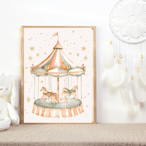 Impression d'art numérique carrousel lunatique | Imprimable pour chambre de bébé | Illustration de fête foraine | illustration originale | Art mural bébé enfant Téléchargement instantané