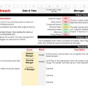 Può includere: Un foglio di calcolo con una cronologia delle violazioni della sicurezza, che include la data, l'ora, la descrizione e la valutazione dell'impatto. Il foglio di calcolo include anche una sezione per le azioni da intraprendere, la classificazione dei rischi e il rischio residuo.