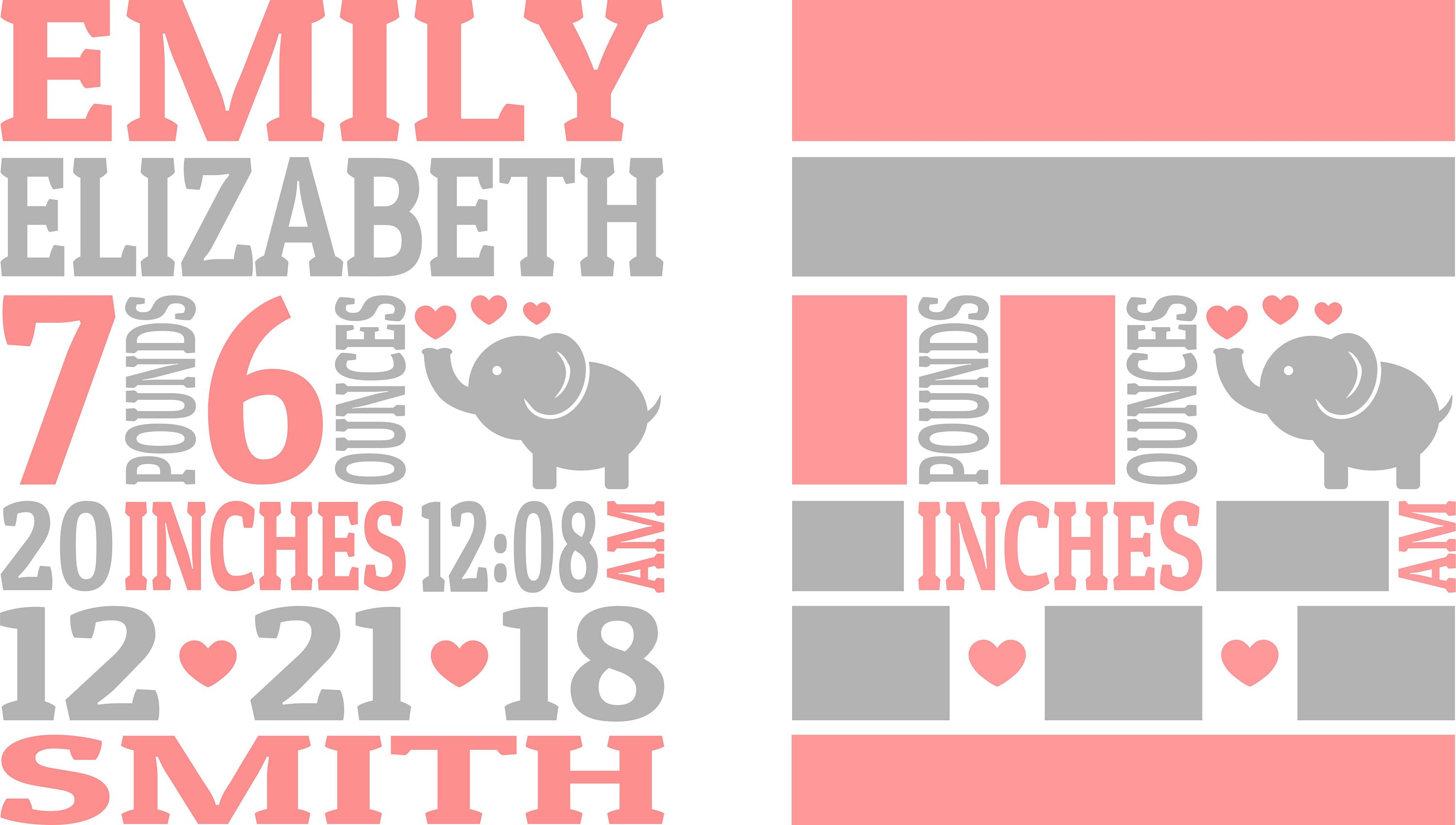 Elephant Baby Birth Announcement SVG DXF EPS Template, Birth Stats Svg ...