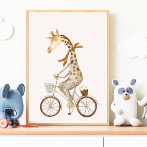 May include: A brown and white giraffe with an orange scarf rides a bicycle with a basket of white flowers. The bicycle has brown wheels and a silver frame.