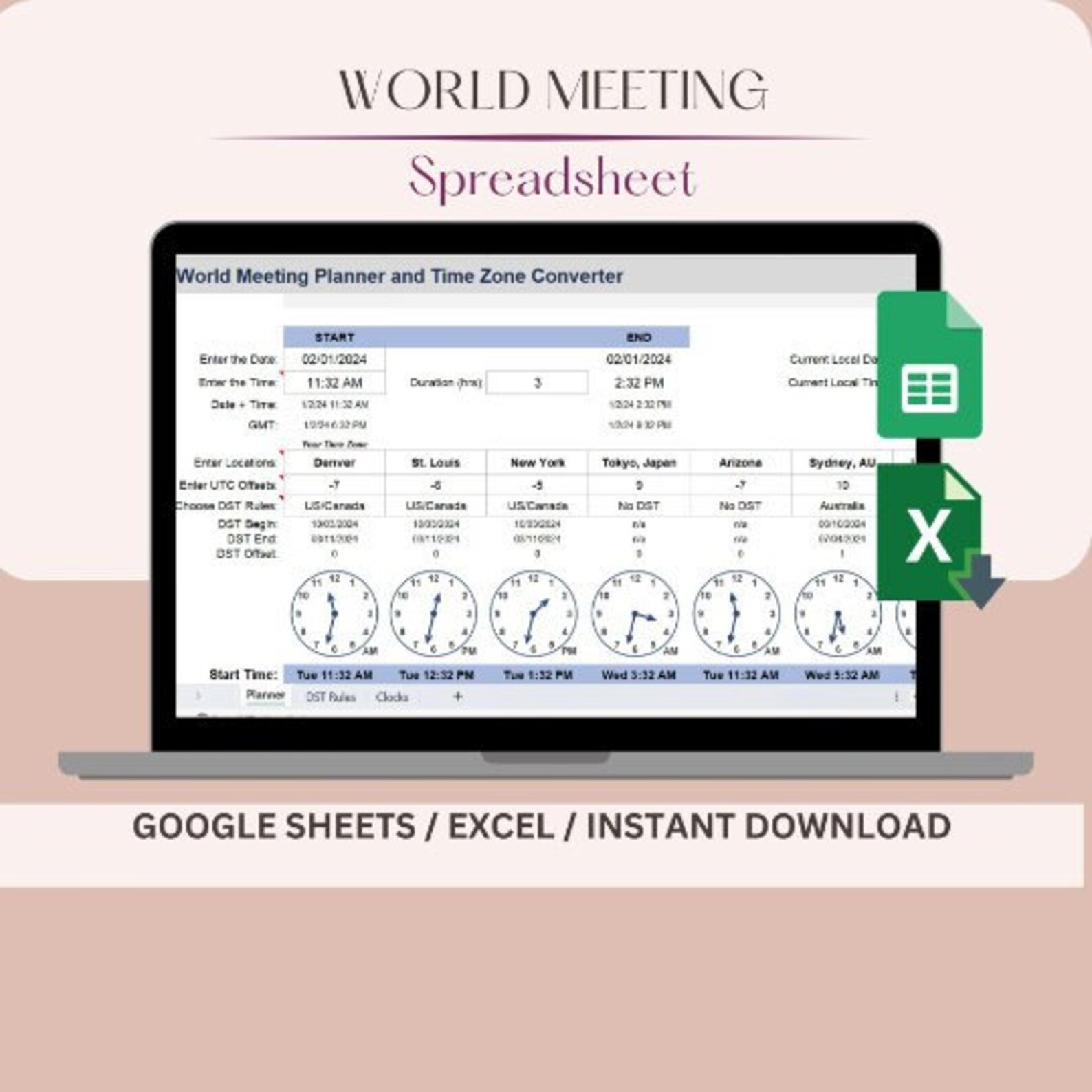 World Meeting Planner & Time Zone Converter Google Spreadsheet Office ...