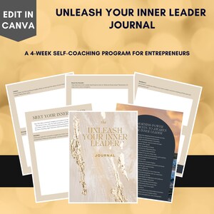 Può includere: Un programma di auto-coaching di quattro settimane per gli imprenditori chiamato "Unleash Your Inner Leader Journal". Il diario presenta un design in marmo bianco e oro con il testo "Unleash Your Inner Leader Journal" in nero. Il diario è progettato per aiutare gli imprenditori a sviluppare le loro capacità di leadership.