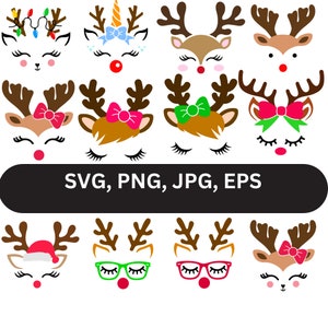 Christmas Reindeer Faces SVG, PNG Bundle, Cute Reindeer Face SVG, Reindeer Cricut, Christmas Crafts, Digital Download