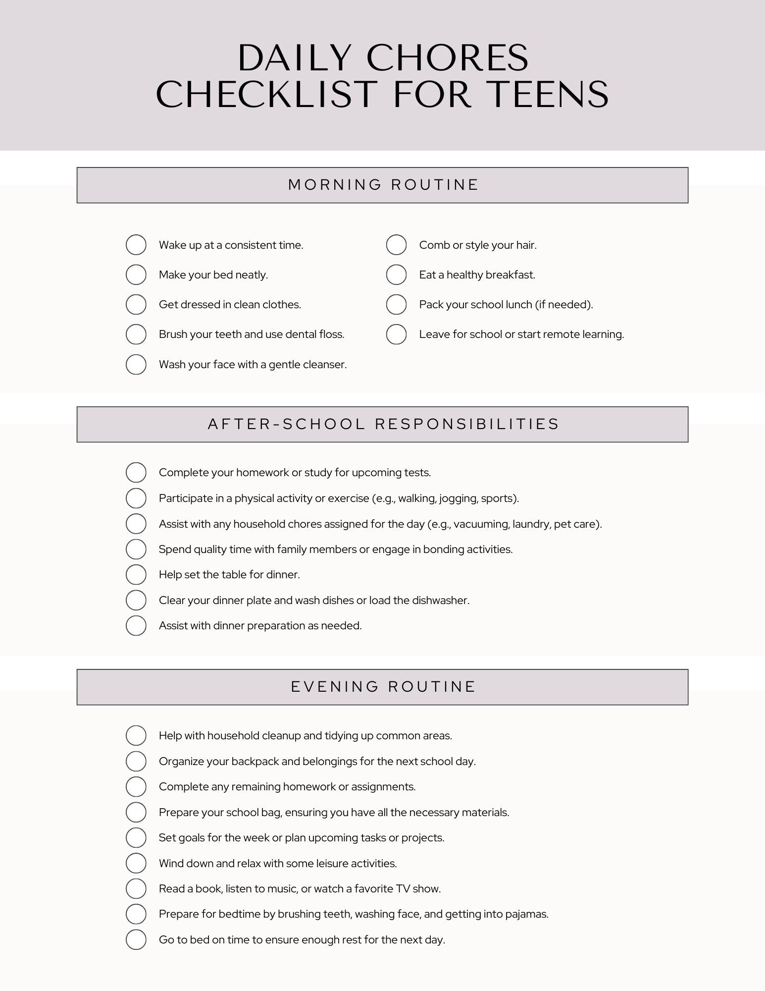 Editable Daily Teen Chore Checklist, Edit in Canva Then Print, Use Over ...