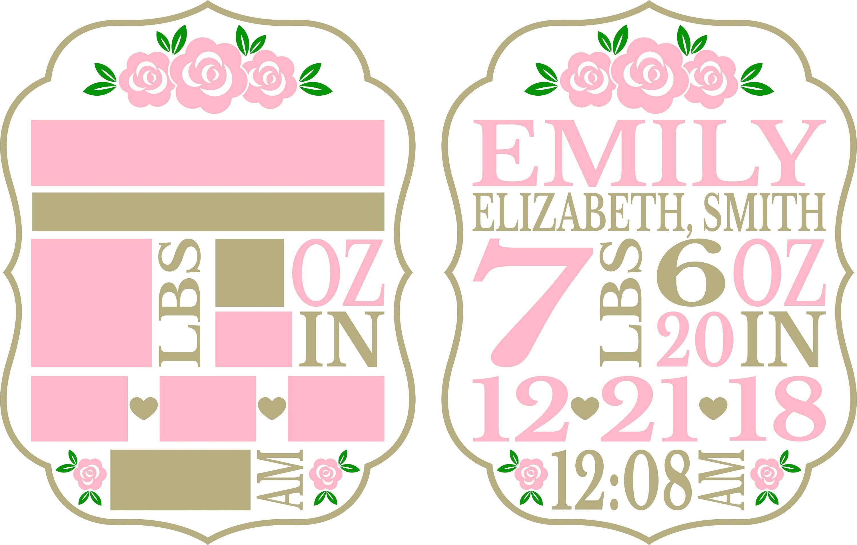 Roses Baby Birth Announcement SVG DXF EPS Template, Birth Stats Svg ...