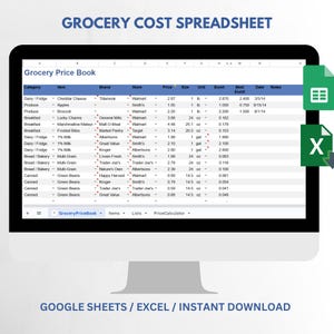 Grocery Cost Spreadsheet Template, Food Shopping Budget Excel Spreadsheet, Grocery Shopping Checklist,  Printable Grocery Food Price List