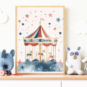 Grillige carrousel digitale kunstprint | Kwekerij afdrukbare | Kermisillustratie | eigenzinnige illustratie | baby kind kunst aan de muur direct downloaden