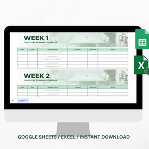 May include: A computer screen displaying a Google Sheets spreadsheet template for an employee training schedule. The template is divided into two sections, "Week 1" and "Week 2", with columns for date, time, training topic, trainer, duration, and notes.