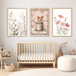 Mouse Boho Wildflower Nursery Prints Set of 3 Girls Nursery Printable ...