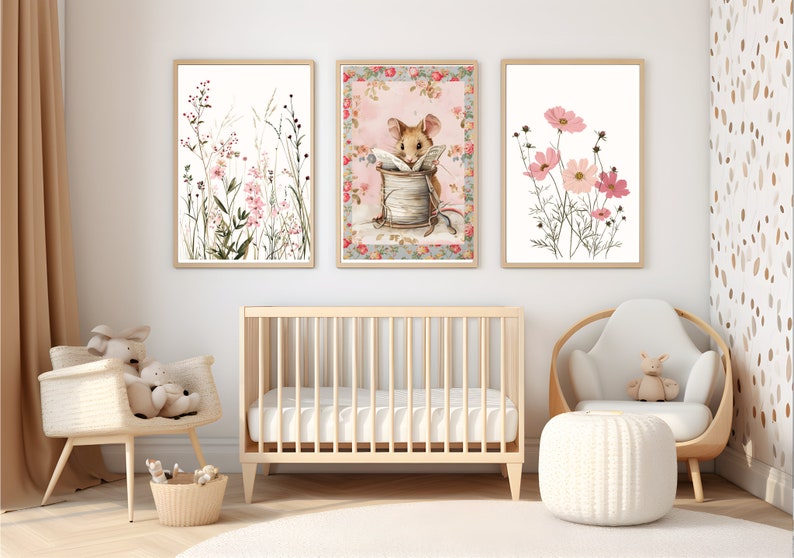 Mouse Boho Wildflower Nursery Prints Set of 3 Girls Nursery Printable ...