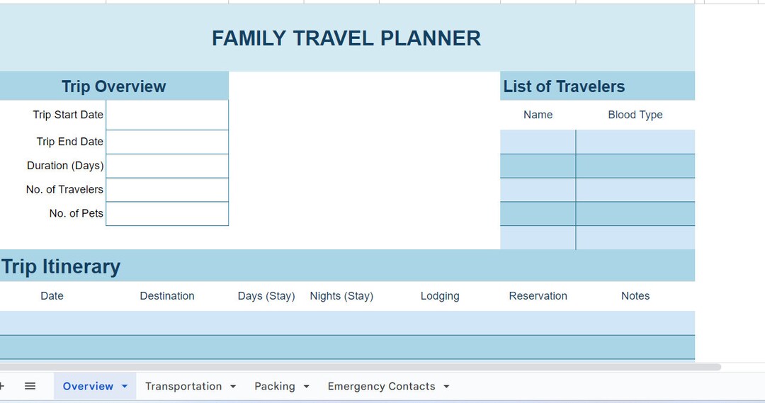 Family Vacation Itinerary Tracker Google Spreadsheet Excel File Travel ...