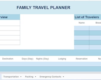 Family Vacation Itinerary Tracker Google Spreadsheet Excel File Travel Organization Holiday Planner Packing Checklist Google Sheets,