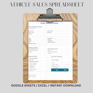 May include: A printable auto sales invoice template in a spreadsheet format. The template includes sections for customer information, vehicle details, insurance details, payment details, and trade-in details. The template is designed for use with Google Sheets or Excel.