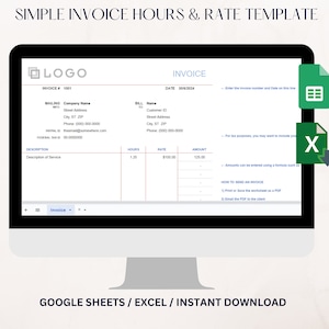 Puede incluir: Una pantalla de ordenador que muestra una plantilla de factura simple para hacer un seguimiento de las horas y las tarifas. La plantilla está diseñada para usar con Google Sheets o Excel e incluye campos para la descripción, las horas, la tarifa y el importe. La plantilla también incluye instrucciones para enviar la factura como PDF.