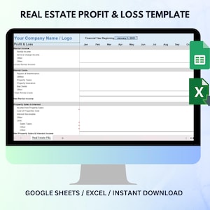 May include: A computer screen displaying a real estate profit and loss template in a spreadsheet format. The template includes sections for rental income, rental costs, property sales and interest, and a real estate P&L summary. The spreadsheet is titled "Real Estate Profit & Loss Template" and the financial year beginning is January 1, 2021. The template is designed for use with Google Sheets or Excel.