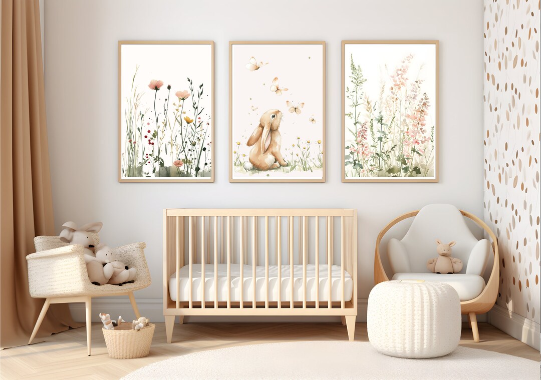 Bunny Boho Wildflower Nursery Prints Set of 3 Girls Nursery Printable ...