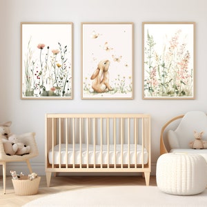 Bunny Boho Wildflower vivero impresiones conjunto de 3 niñas vivero imprimible pared arte floral vivero decoración arco iris flores silvestres conejo habitación de bebé