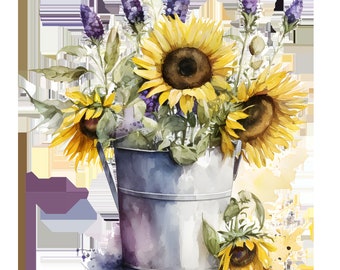 Sunflower and Lavender Clipart, Instant Digital Download, Commercial Use PNG's, digital art,  clipart, botanical, watercolor floral,