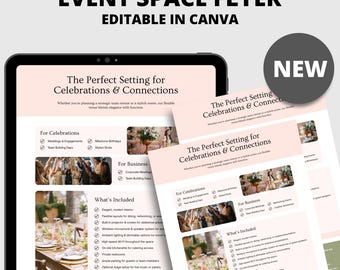 de Flyer d'espace événementiel modifiable | Flyer de marketing pour la location de salles de cinéma Canva | Brochure affaires et célébrations | Lieu de mariage Téléchargement instantané