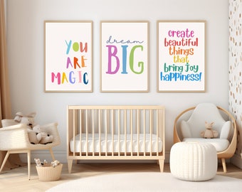 Nursery Posters Set Of 3, Playroom Wall Art, Affirmation Digital Downloads, Bright, colourful Nursery Decor kids wall print baby shower gift