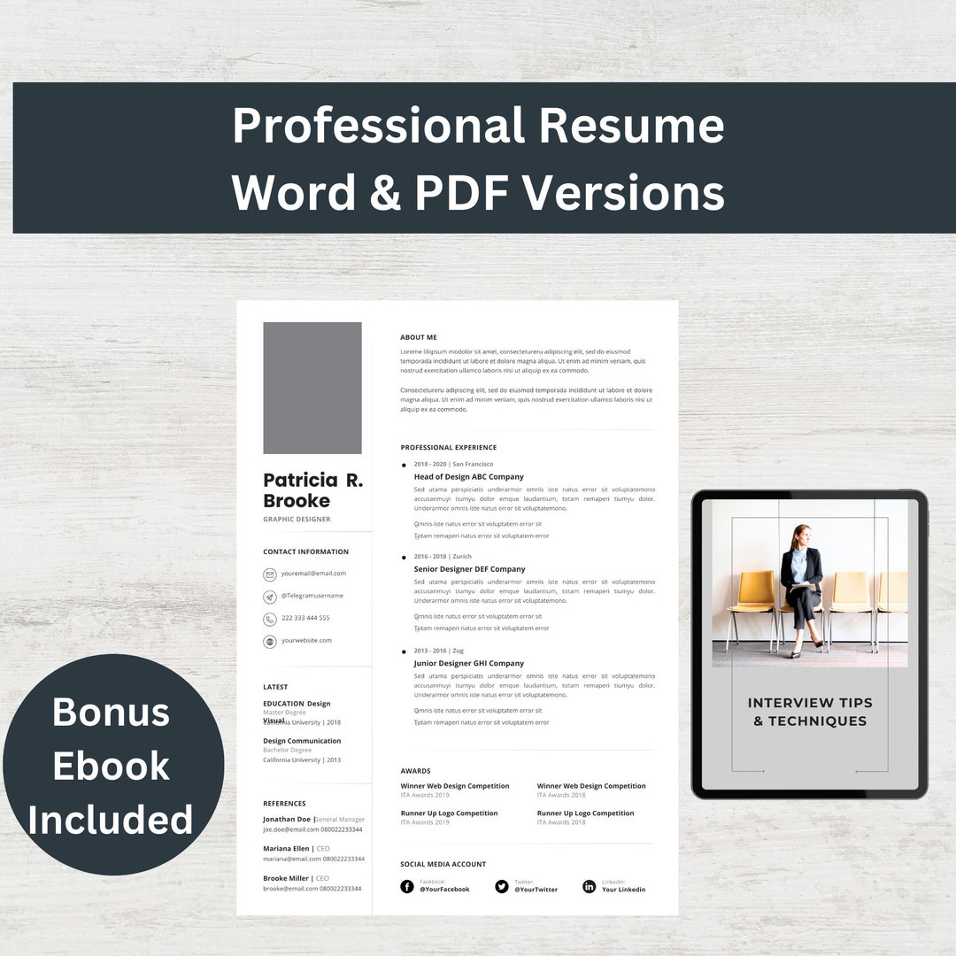 Professional CV Template Resume Template Word, Instant Digital Dowload ...