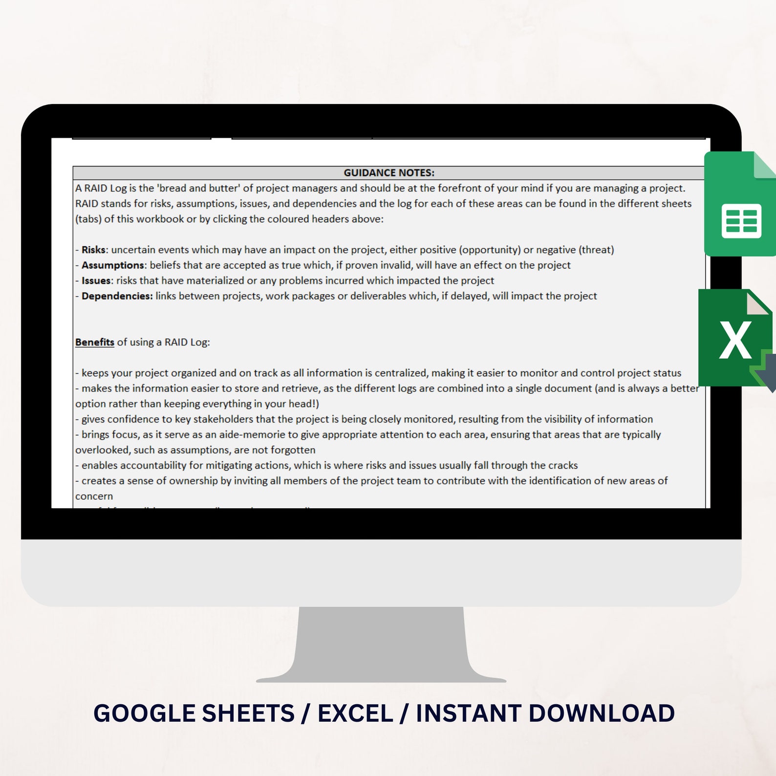 Raid Log Excel Template, Spreadsheet Tasks Management & Accountability