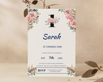 Floral First Birthday Invitation, Light Pink First Birthday Invitation, Girls 1st Birthday Invitation