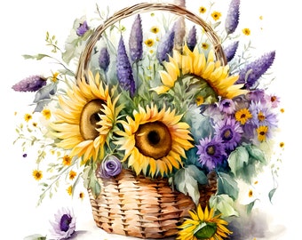 Sunflower and Lavender Clipart, Instant Digital Download, Commercial Use PNG's, digital art,  clipart, botanical, watercolor floral, flowers