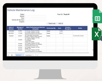 Plantilla de mantenimiento de vehículos automotrices / Reparación de automóviles / Registro de reparación de automóviles / Plantilla de estimación de reparación de automóviles Google Sheets Excel, Registro de mecánico
