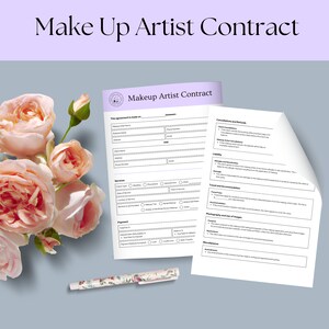 Könnte beinhalten: Ein Make-up-Artist-Vertrag mit Text, einem floralen Stift und einem Strauß rosa Rosen. Der Vertrag enthält Abschnitte für Kundeninformationen, Dienstleistungen, Zahlungen und Bedingungen. Der Titel "Make Up Artist Contract" steht oben.